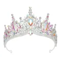 Close-up detail of silver crystal tiara featuring iridescent AB rhinestones and sparkling stones. - Silver + AB Rhinestone