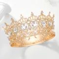 Exquisite gold baroque rhinestone crown detail, sparkling crystal heart tiara accessory. - Gold with White Zircon