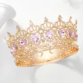 Exquisite Baroque gold crown with sparkling pink heart rhinestones for bridal weddings. - Gold + Pink Rhinestone