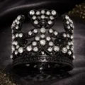 Black rhinestone alloy cute bear crown detailed view, sparkling crystal tiara accessory. - Black Rhinestone