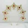 Gothic baroque halo crown headband detail, gold metal sunburst headpiece with red gems. - Gold with Red Rhinestone