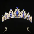 Dettaglio tiara strass oro, corona da principessa per festa spettacolo ragazza 1pz - Oro + Strass Blu Reale