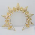 Exquisite gold halo crown headband with delicate filigree and pearls for Gothic cosplay. - Gold