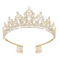 Tiara corona in cristallo dorato accessorio per capelli da sposa con pettini integrati - Oro con zircone bianco