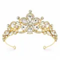Bridal wedding rhinestone crown headband, luxury gold metal tiara hair accessory for women. - Gold with White Zirconia