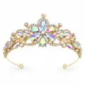 Detail shot of a stunning gold bridal rhinestone tiara crown, perfect for wedding hair accessories. - Gold with AB Rhinestone
