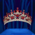 Luxurious gold red crystal bridal tiara elegant wedding hair accessory pageant crown queen diadem - Gold + Red Rhinestone