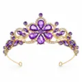 Bridal gold tiara detail shot featuring sparkling purple crystal stones and clear pavé rhinestones. - Gold with Purple Rhinestone
