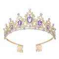 Gold tiara crown detail featuring purple rhinestones and secure hair combs for brides. - Gold with Purple Zircon