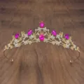 Children's golden crystal tiara with pink teardrop rhinestones, detail closeup shot. - Gold with Rose Red Rhinestone