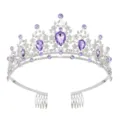 Close-up detail of silver rhinestone tiara with purple crystal drops and built-in hair combs. - Silver + Purple Rhinestone