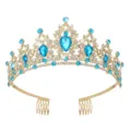 Gold rhinestone bridal tiara with blue crystal stones and side combs for wedding hair accessory - Gold + Lake Blue Rhinestone