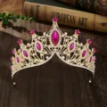 Baroque Gold Tiara Crown with Pink Rhinestones Bridal Headpiece Wedding Party Princess Hair Accessories - Gold Rose Red Zircon
