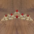Gold princess crown kids tiara detail showing intricate metalwork and sparkling red rhinestones. - Gold with Red Rhinestone