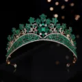 Baroque green rhinestone bridal tiara, luxury crystal wedding crown hair accessory detail view. - Gold + Green Rhinestone