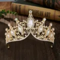 Luxury gold rhinestone bridal tiara, European Baroque style crystal crown for wedding party. - Gold White Rhinestone