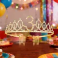 Gold rhinestone birthday tiara crown with number 3 and hair combs for party celebration decor. - 3Y
