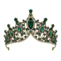 Detailed view of luxury baroque bridal tiara, antique gold alloy crown with green rhinestones. - Antique Gold/Green