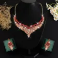 Exquisite red crystal rhinestone necklace earrings jewelry set for women wedding party banquet. - Gold with Red Rhinestones