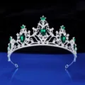 Silver wedding tiara with green rhinestones, elegant princess hair crown for parties. - Silver with Green Rhinestone