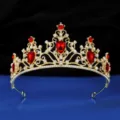 Gold bridal tiara hair accessory with red crystal and rhinestones for wedding party detail view - Gold + Red Rhinestone