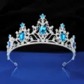 Silver tiara detail featuring blue crystal rhinestones, exquisite wedding crown accessory. - Silver + Lake Blue Rhinestone