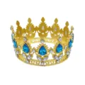 Gold baroque round tiara crown with blue rhinestones for bridal pageant party hair accessories. - Full Round Crown / Gold + Lake Blue Rhinestone