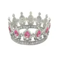 Detailed view of a silver baroque tiara featuring sparkling pink and clear rhinestones. - Full Round Crown / Silver + Pink Rhinestone