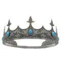 Detailed view of antique silver crown with blue stones, vintage royal tiara for party costume. - Antique Silver + Blue Diamond