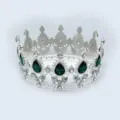 Baroque green teardrop crystal crown detail, silver metal tiara for wedding and prom queen. - Full Round Crown / Silver With Green Rhinestone