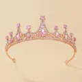 Rose Gold Pink Rhinestone Crown Princess Tiara Hair Accessory Close-Up Detail View - Rose Gold + Pink Rhinestone