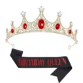 Set tiara e fascia di compleanno in cristallo da donna, perfetto accessorio per feste. - Corona + Fascia QUEEN Lettere Rosse Nera