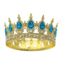 Corona dorata barocca con strass a goccia blu e cristalli per spettacolo di nozze. - Oro con blu lago