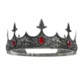Close-up of retro silver king crown with red gems, detailed metal carving for party costume. - Antique Silver Red Stone