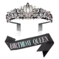 Set corona tiara con strass neri e fascia regina di compleanno per oggetti di scena per feste. - Set Corona Nera + Fusciacca Nera Cangiante QUEEN