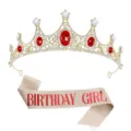 Set corona di compleanno in cristallo e fascia glitterata per festa di donne e ragazze - Corona + Fascia GIRL Lettere Rosse Oro