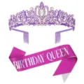 Set di corona di strass viola e fascia lucida per festa di compleanno e servizi fotografici. - Set Corona Viola + Fusciacca Viola Cangiante QUEEN