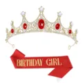 Birthday tiara and sash set with red gems, golden crown for birthday party celebration. - Crown + Red Gold Letter GIRL Sash Set