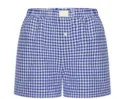 Detail view of blue and white checkered high-waisted wide-leg women's casual shorts - S / Sapphire Blue