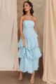Elegant strapless light blue tiered ruffle dress with layered cake-style design. - S / Blue