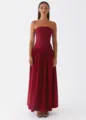 Elegant wine red strapless maxi dress for women summer evening party wear. - S / Red