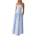 Full view detail of a light blue strapless maxi dress with a ruched bodice on a model - Sky Blue