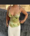Floral print V-neck camisole top featuring slim fit and stylish gradient design for summer. - S / Green