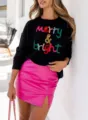 Maglione in maglia a maniche lunghe da donna con ricamo di lettere colorate, moda invernale chic. - Taglia S / Nero