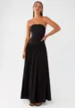 Black strapless ruched waist long dress elegant evening party maxi dress for women details - S / Black