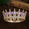 Baroque vintage round crown bridal tiara with purple teardrop crystals and clear rhinestones. - Gold + Purple Waterdrop Rhinestone