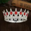 Baroque vintage red teardrop crystal round tiara queen crown detailed close-up shot. - Silver + Red Waterdrop Rhinestone