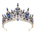 Stunning blue crystal tiara detail, featuring gold metal leaf pattern and sparkling rhinestones. - Gold With Dark Blue Rhinestone