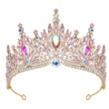 Exquisite gold bridal crown with sparkling pink and clear crystals for wedding party details. - Gold With Pink AB Rhinestone