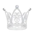 Detailed view of a mini alloy crown with sparkling rhinestones and delicate heart filigree. - Silver